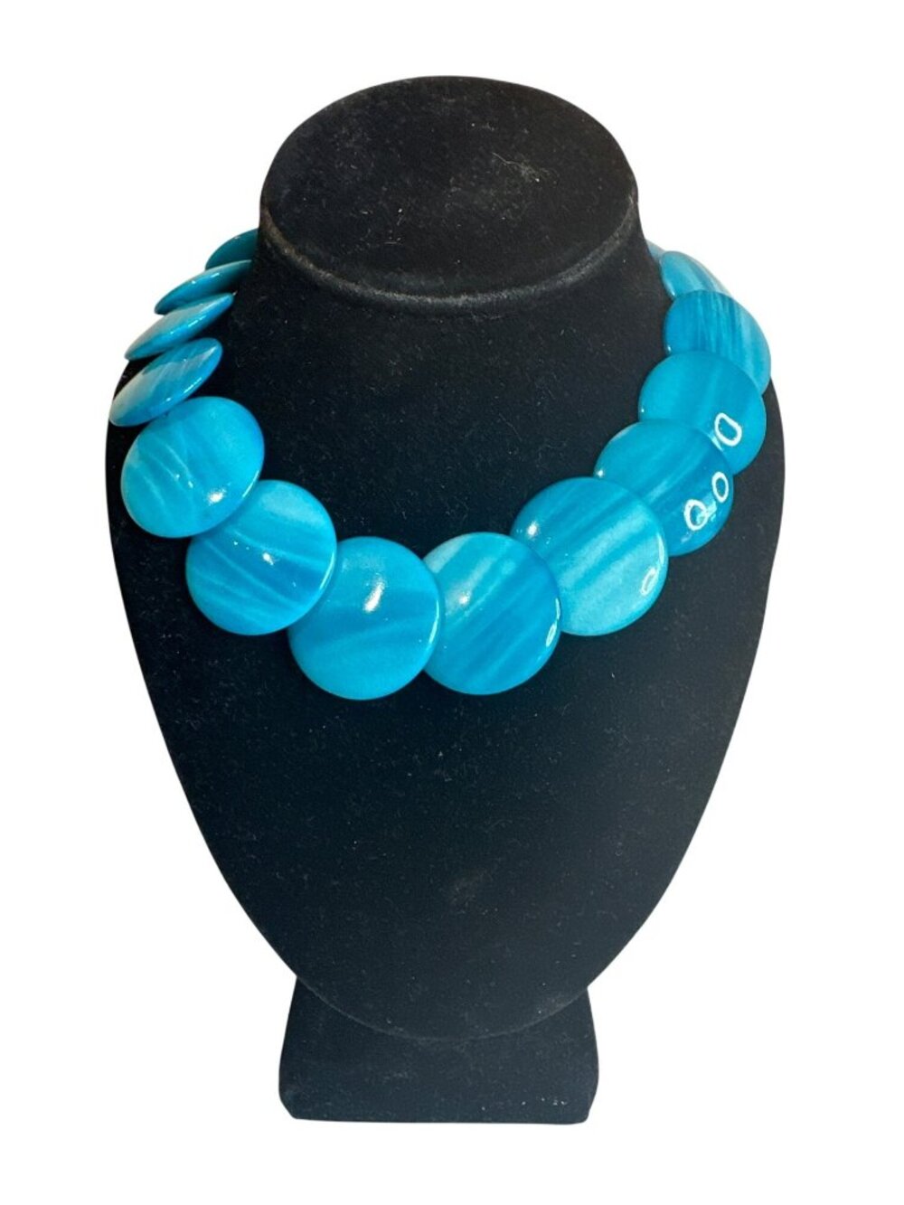 Blue Statement Necklace Large Flat Round Beads Collar Bib VTG 80s 90s Statement